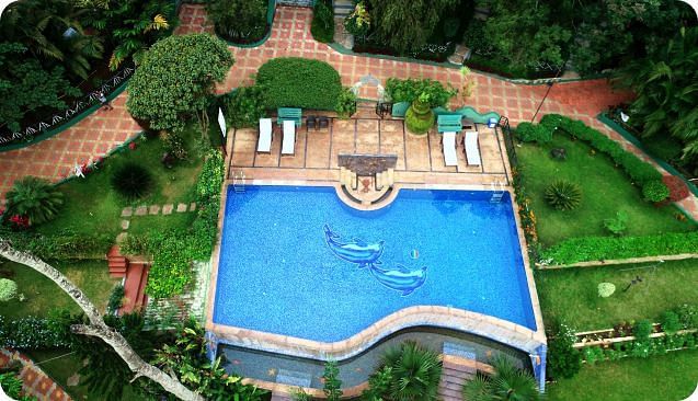 Aerial view of a swimming pool surrounded by greenery at Coorg Jungle Camp Backwater Resort, Kushalnagar.
